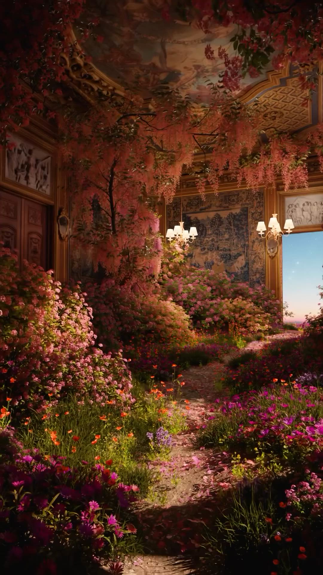 This may contain: an image of a beautiful room with flowers on the walls and ceiling painted in pink