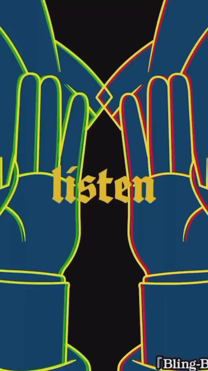 This may contain: an image of two hands with the words listen written on them in yellow and blue