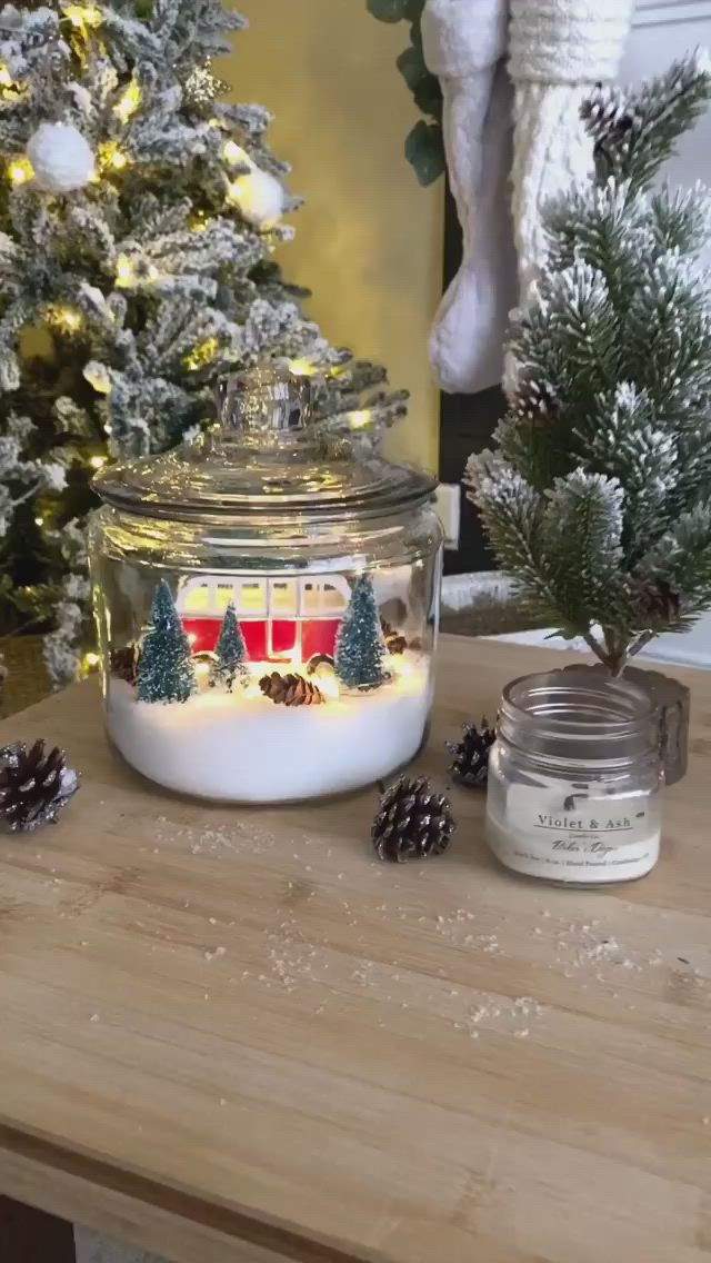 This may contain: a glass jar filled with snow and miniature trees