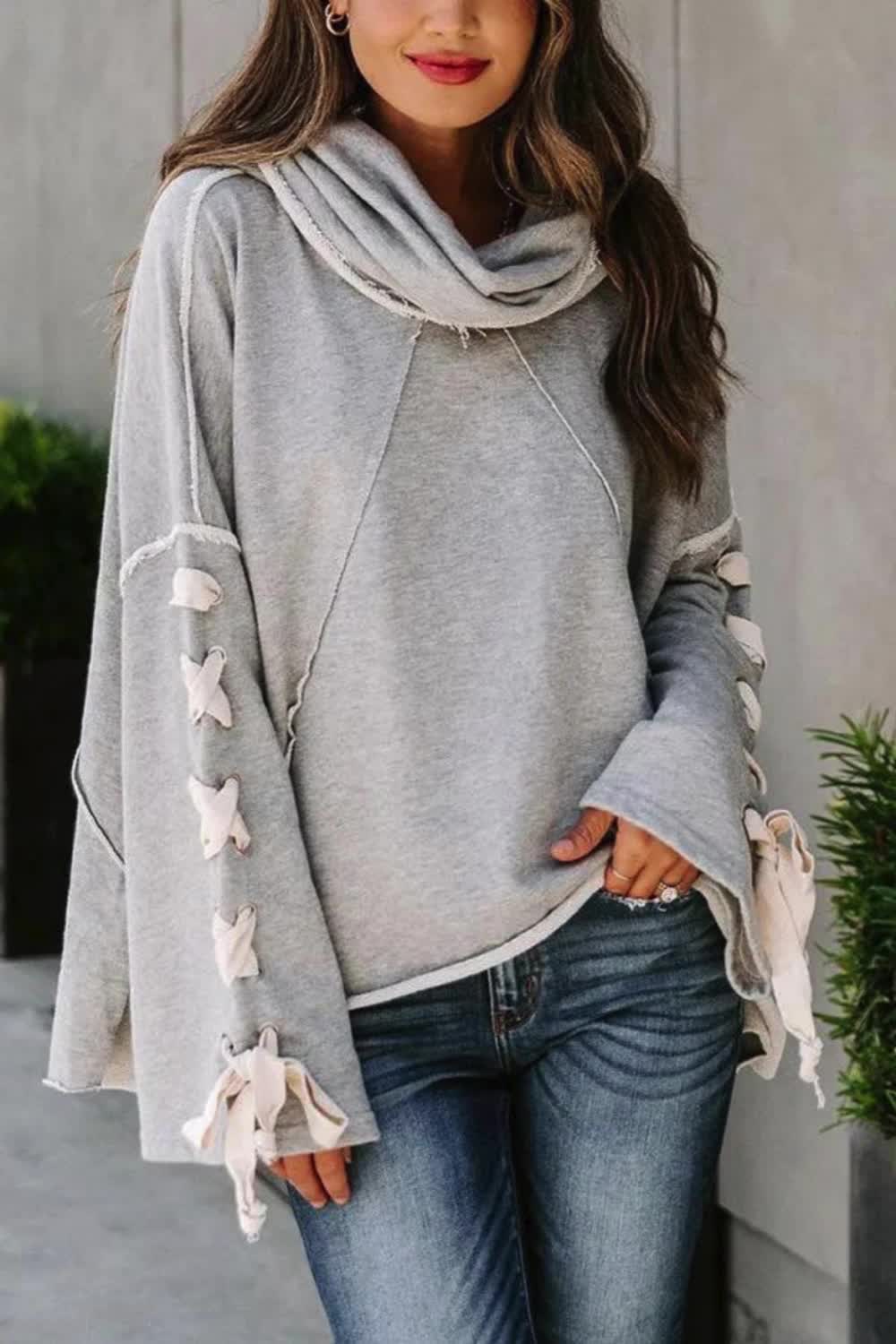 Lace Up Hooded Dolman Sleeve Hoodie