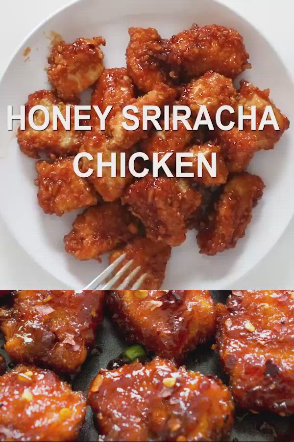 This may contain: honey sriraca chicken in a white bowl with a fork