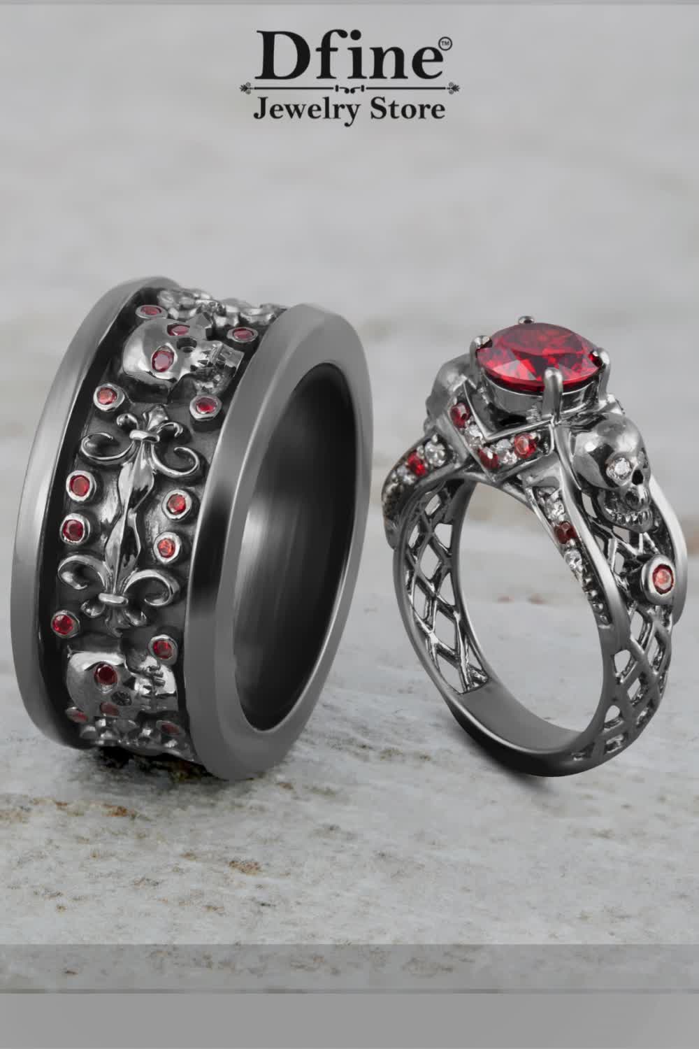 This contains: Couple Skull Ring, Skull Engagement Ring, Skull Wedding Ring, Gothic Jewelry, Red Garnet Gemstone, Dark Vampire, Halloween Jewelry, Matching Couple Wedding Ring Set