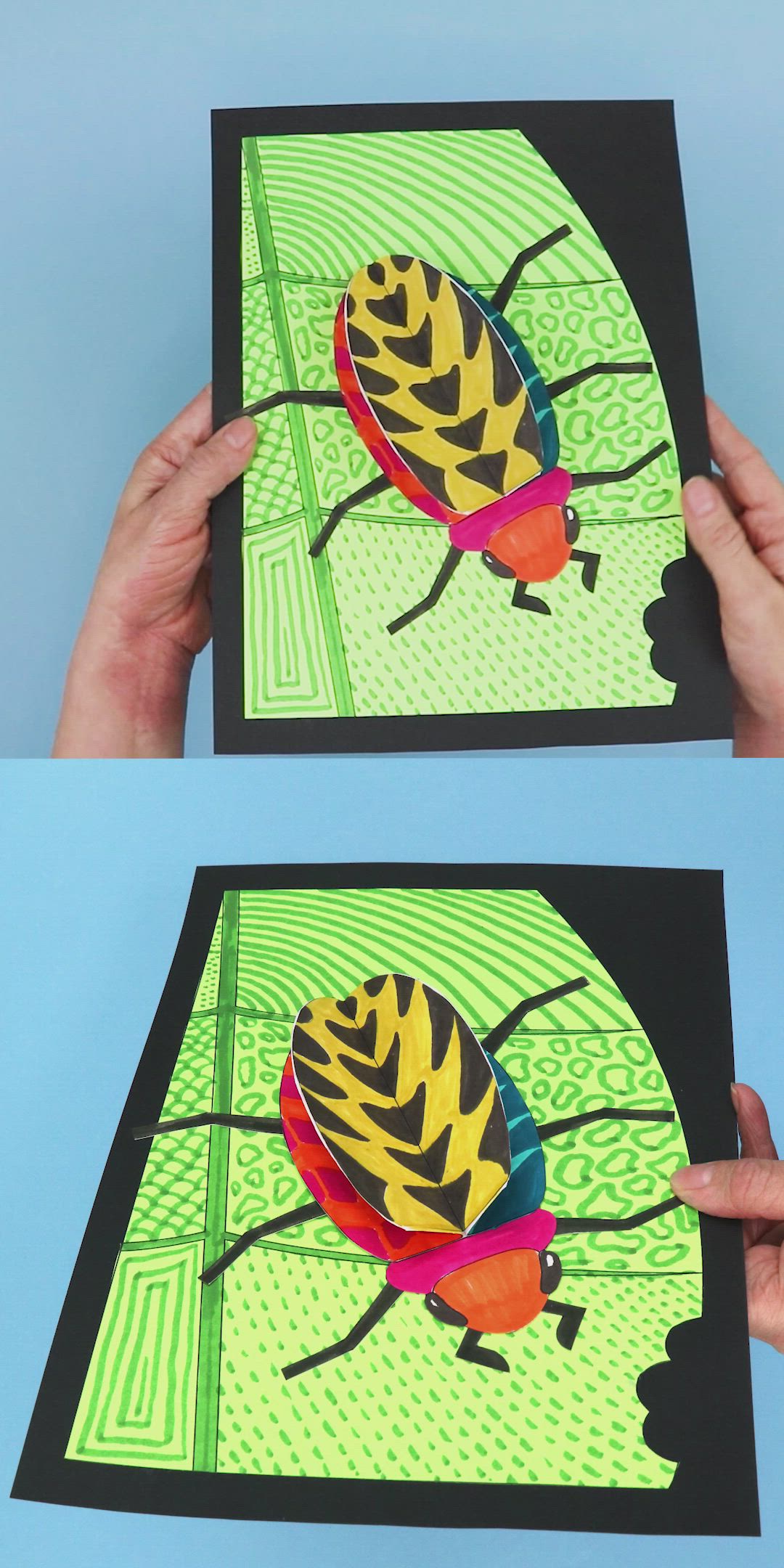 This contains: video showing how to create a 3D paper insect craft decorated with doodles