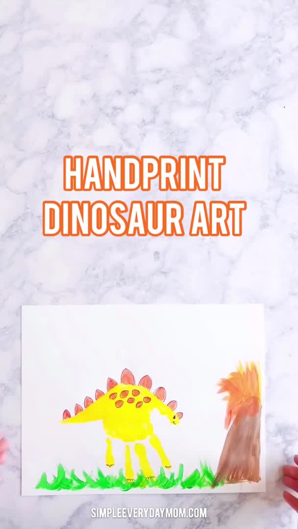 This may contain: handprint dinosaur art for kids with text overlay that reads, handprint dinosaur art