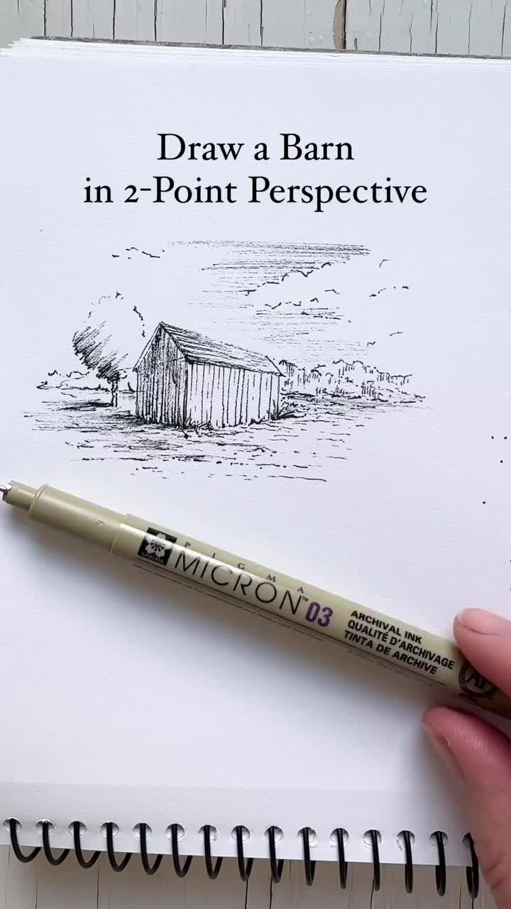 This may contain: how to draw a barn in 2 - point perspective with micron u pencils