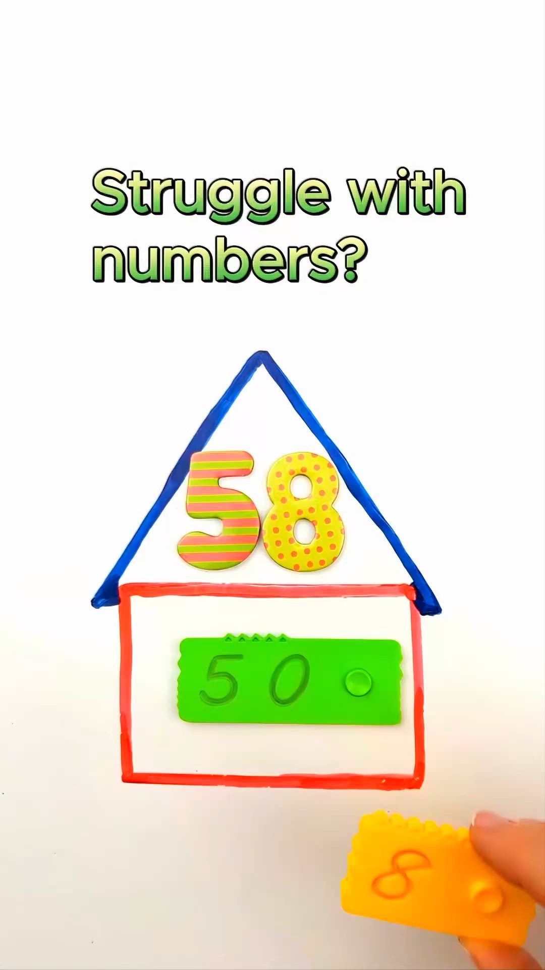 This may contain: a hand holding a toy house with numbers on it and the words, how do you struggle with numbers?