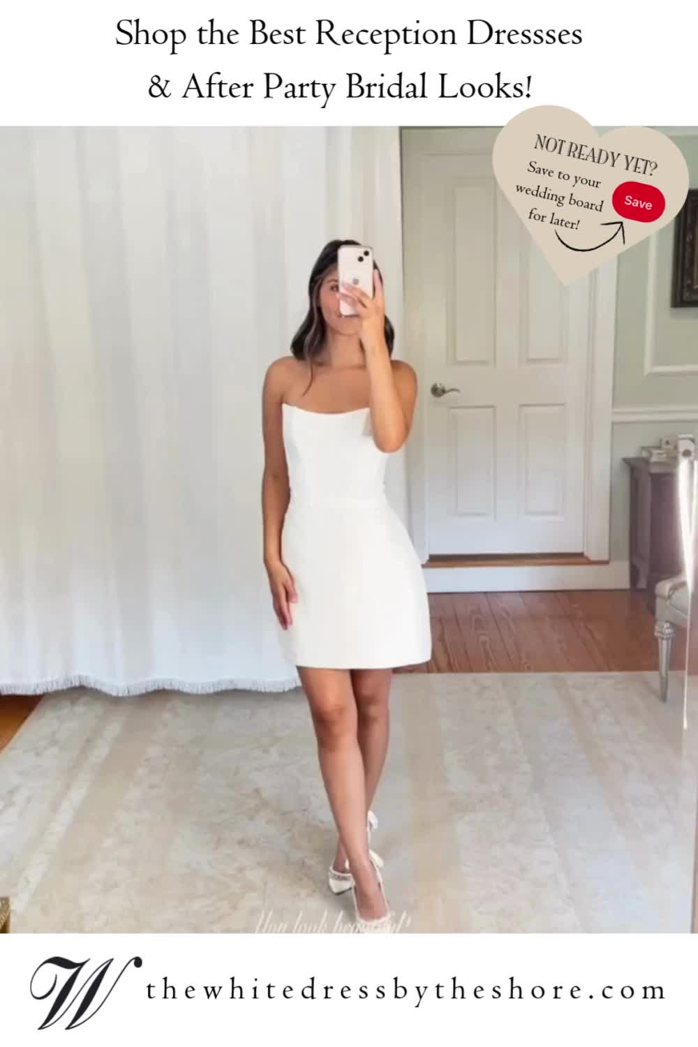 This may contain: a woman in a white dress taking a selfie with her cell phone and the caption says, shop the best reception dresses & after party bridal looks