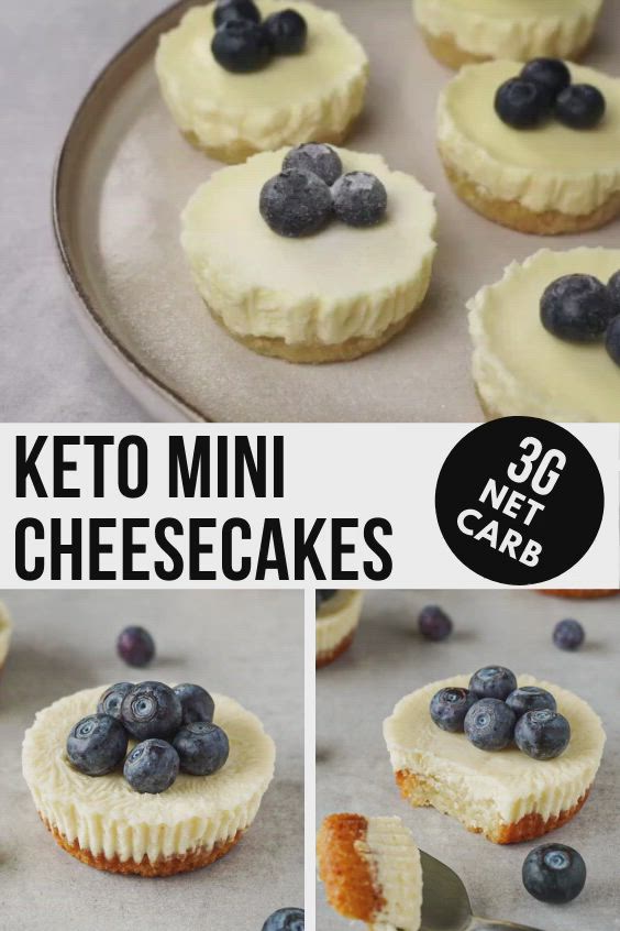 This may contain: several photos of mini cheesecakes with blueberries on top and in the middle