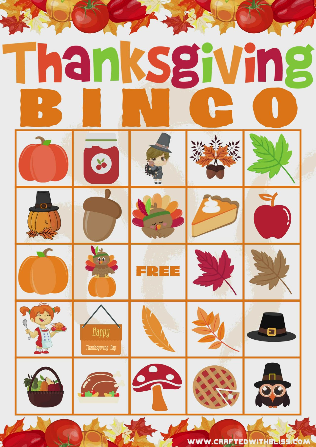 This may contain: a printable thanksgiving bingo game with pumpkins, apples and other fall items on it