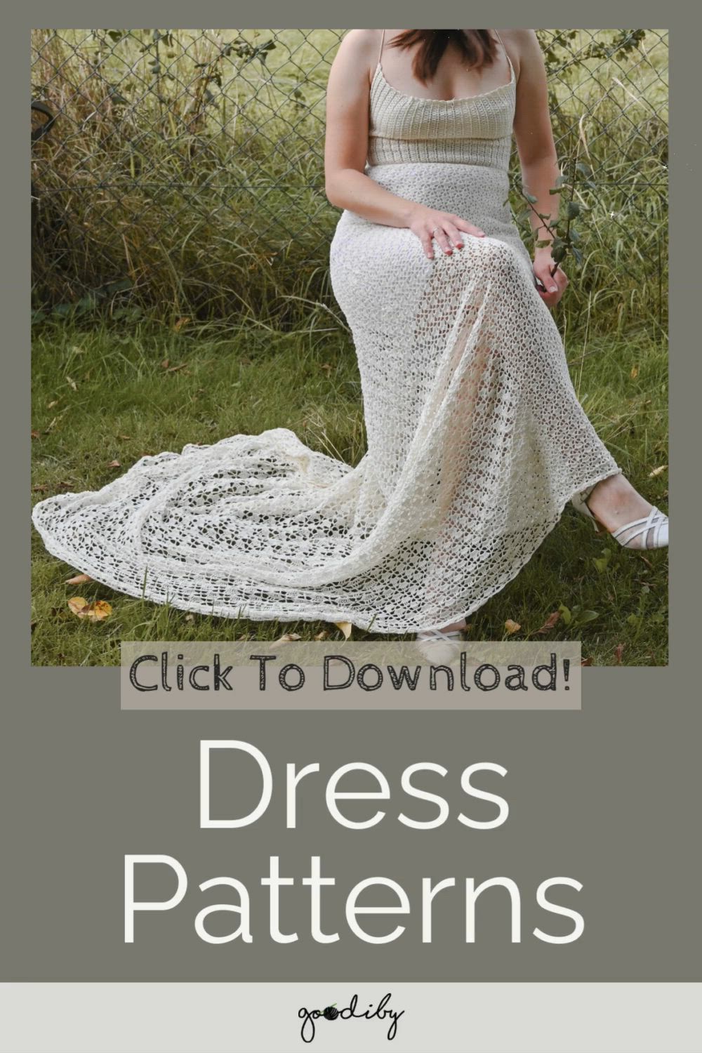 This may contain: a woman in a white dress sitting on the grass with her legs crossed and text overlay that reads, click to download dress patterns