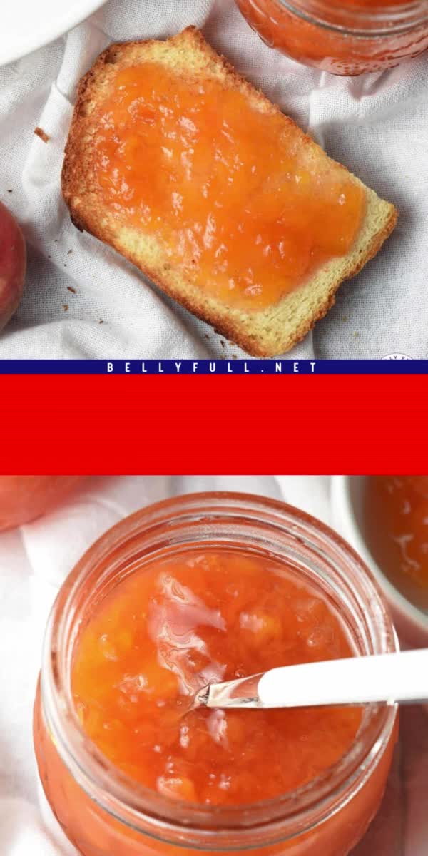 This contains: Enjoy the sweetness of this homemade Peach Jam with this DIY condiment recipe. Perfect on toast, with cream cheese and crackers, or even over ice cream, it requires just 15 minutes of prep for a delightful addition to any meal!