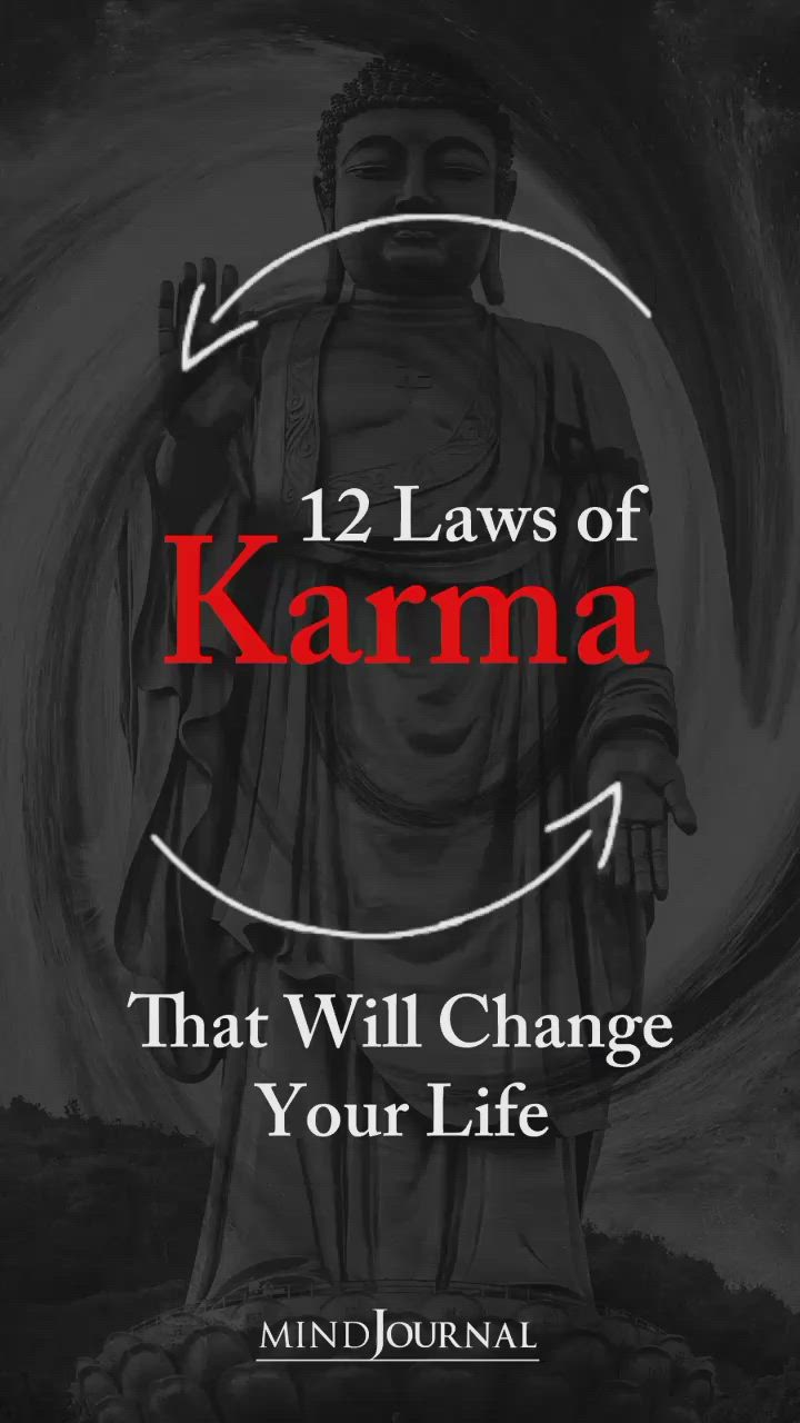 This may contain: buddha statue with text that reads, 12 laws of karma that will change your life