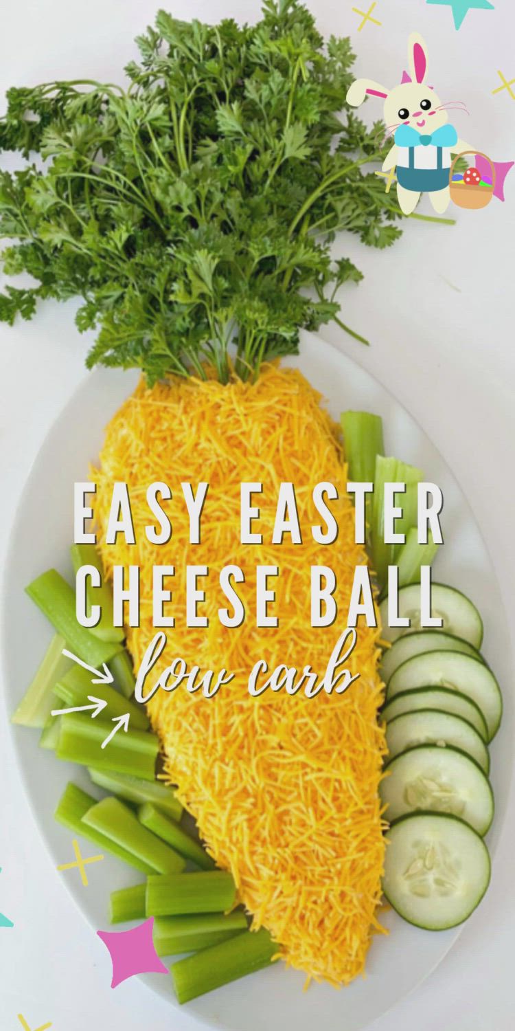 This may contain: an easy easter cheese ball with cucumbers and celery on a white plate