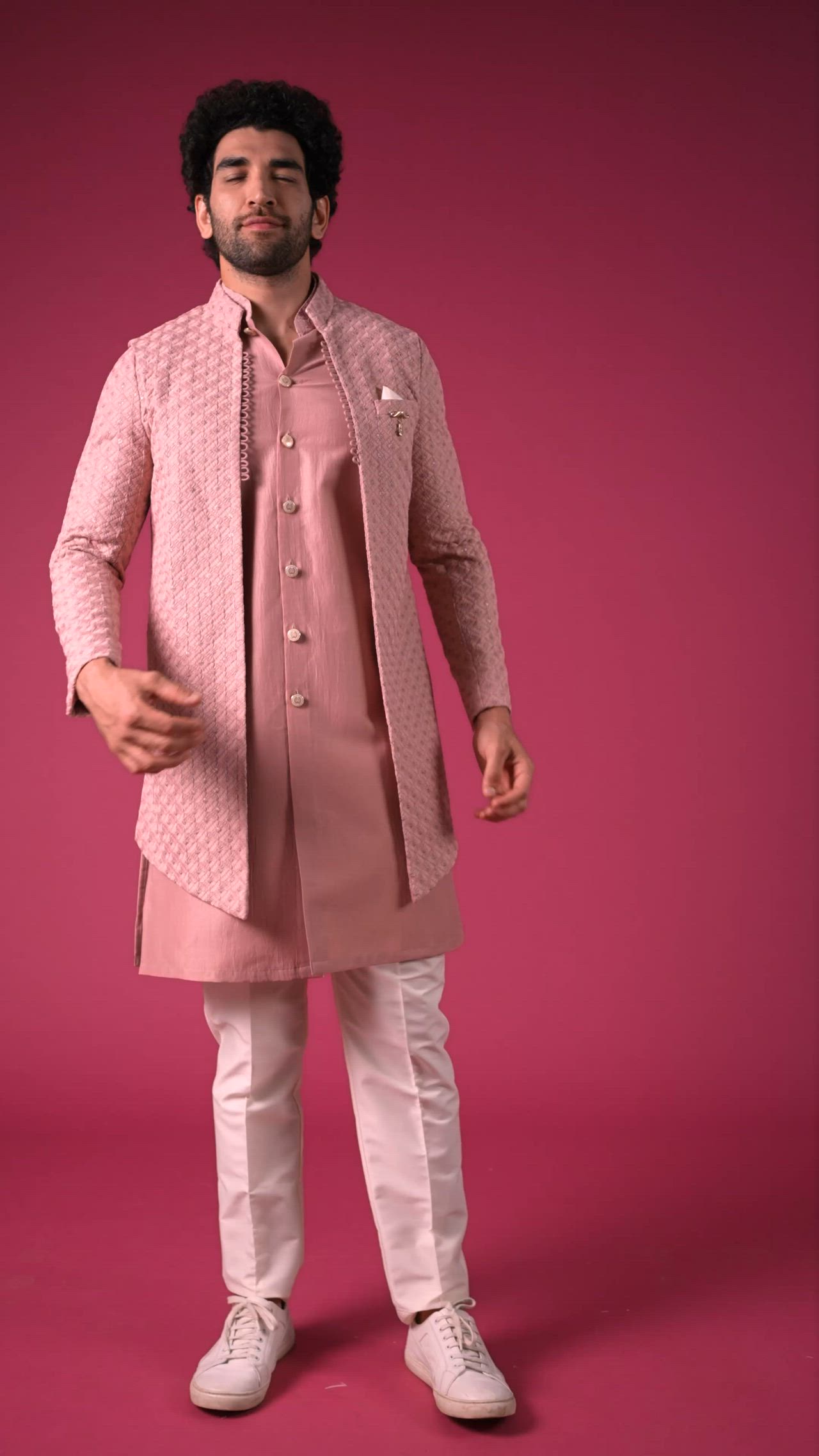 This contains an image of: Onion Pink Jacket Kurta Set In Silk Blend With Threadwork And Sequins