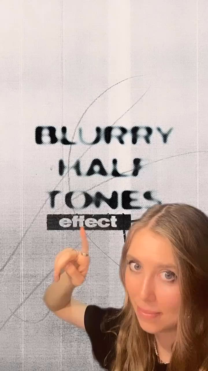 This may contain: a woman is pointing to the sign that says blurry half tone effect on it