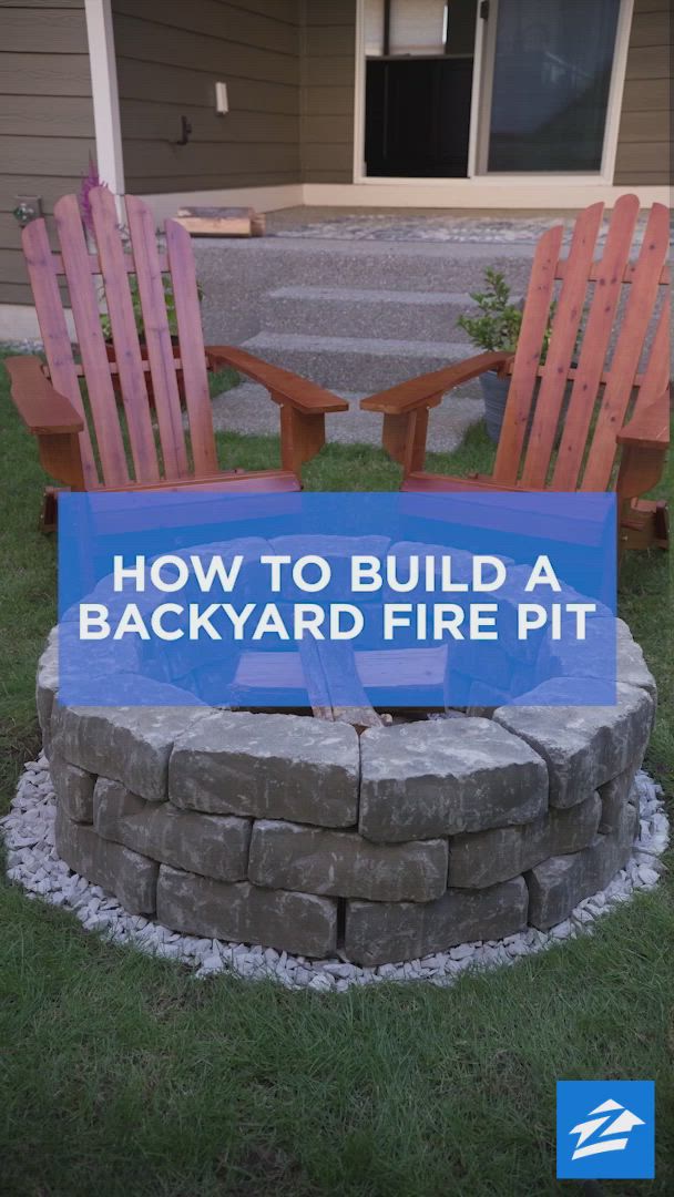 This may contain: two wooden chairs sitting on top of a fire pit in front of a house with a sign that says how to build a backyard fire pit