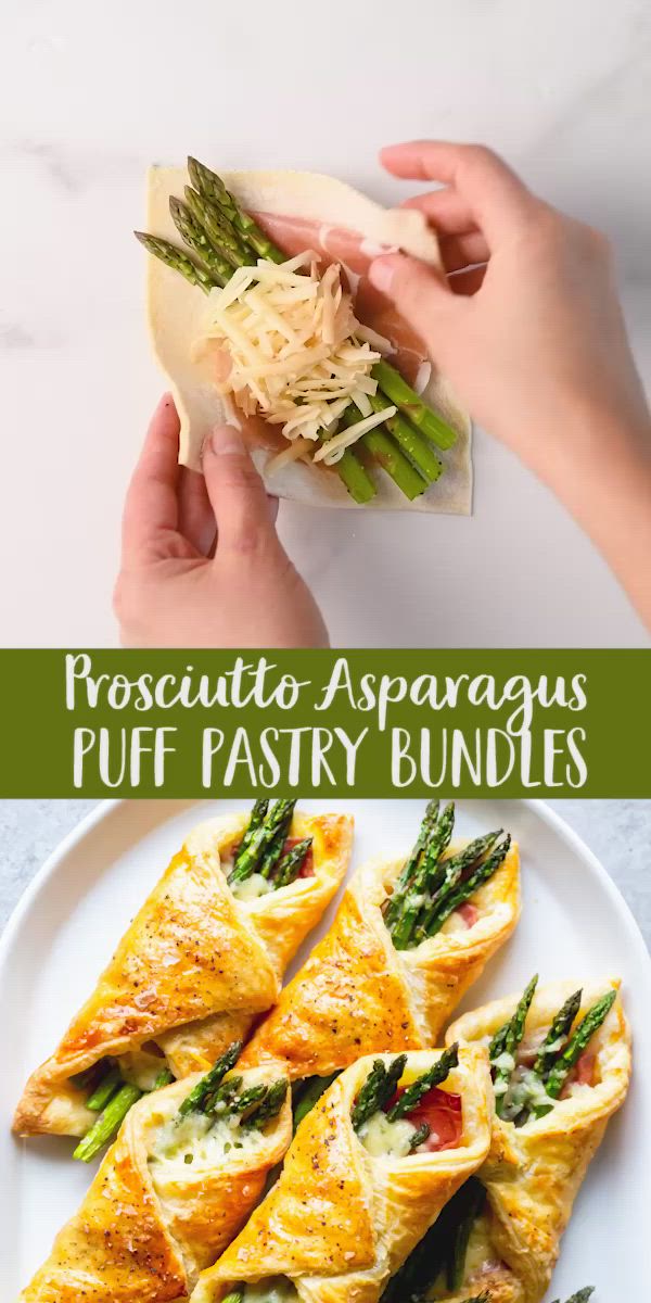 This may contain: a plate with asparagus puff pastry bundles on it and the title above reads, roseauto - asparagus puff pastry bundles