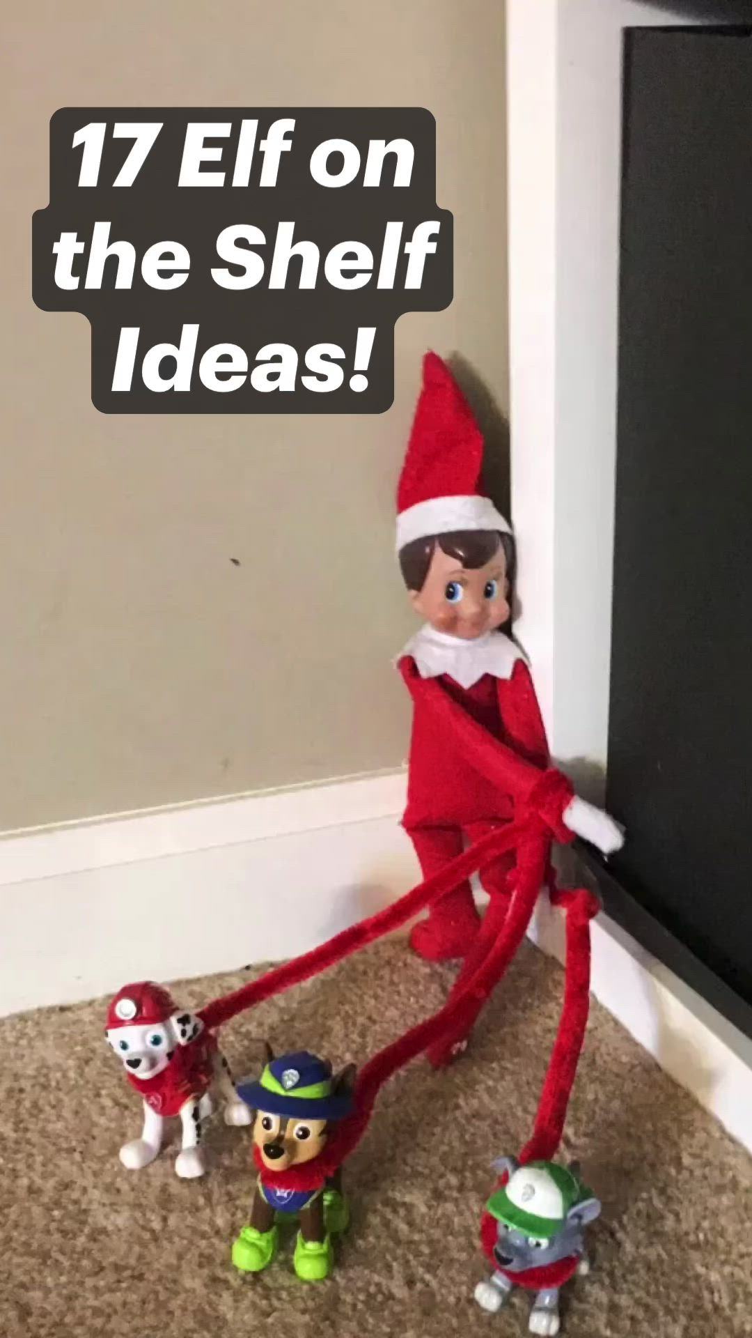 This may contain: elf on the shelf with toys in front of him and text that reads 17 elf on the shelf ideas