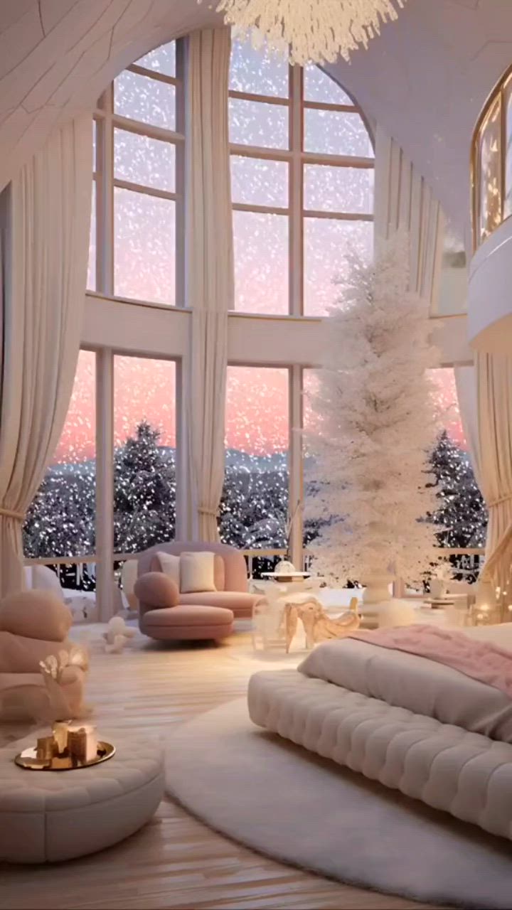 This may contain: a bedroom with large windows and white furniture in front of the window is decorated for christmas