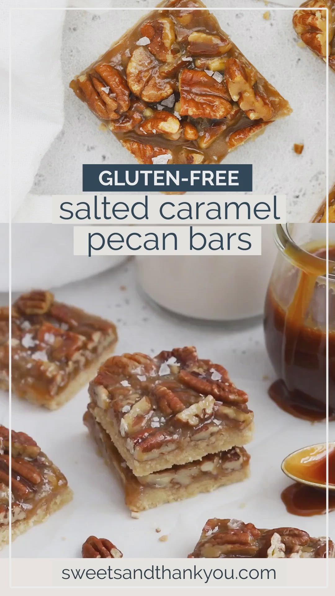 This may contain: homemade salted caramel pecan bars with text overlay that reads gluten - free salted caramel pecan bars