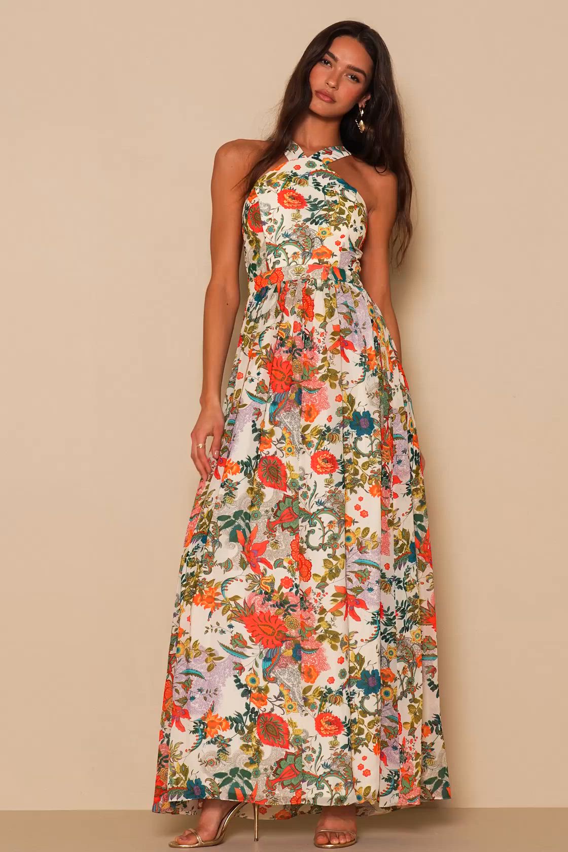 The Lulus Lilja Cream Floral Print Maxi Dress is a real world wonderland! Airy woven chiffon boasts a whimsical orange, coral red, and green floral print that flows from a modified halter neckline into a princess-seamed bodice. Fitted waist, full maxi skirt, and elastic at back for fit. Hidden back zipper with clasp. Fit: This garment fits true to size. Length: Floor length. Size medium measures 62" from shoulder to hem. Bust: Works best for A to C cup sizes. Waist: Fitted - very fitted at natural waist. Hip: Not Fitted - room for hips. Undergarments: May be worn with a strapless bra, adhesive bra, petals, or no bra. Fabric: Fabric has no stretch. Fully lined. Shell: 100% Polyester. Lining: 100% Polyester. Hand Wash Cold. Do Not Bleach. Line Dry. Iron Low Heat. Imported. Lulus | Lilja Crea