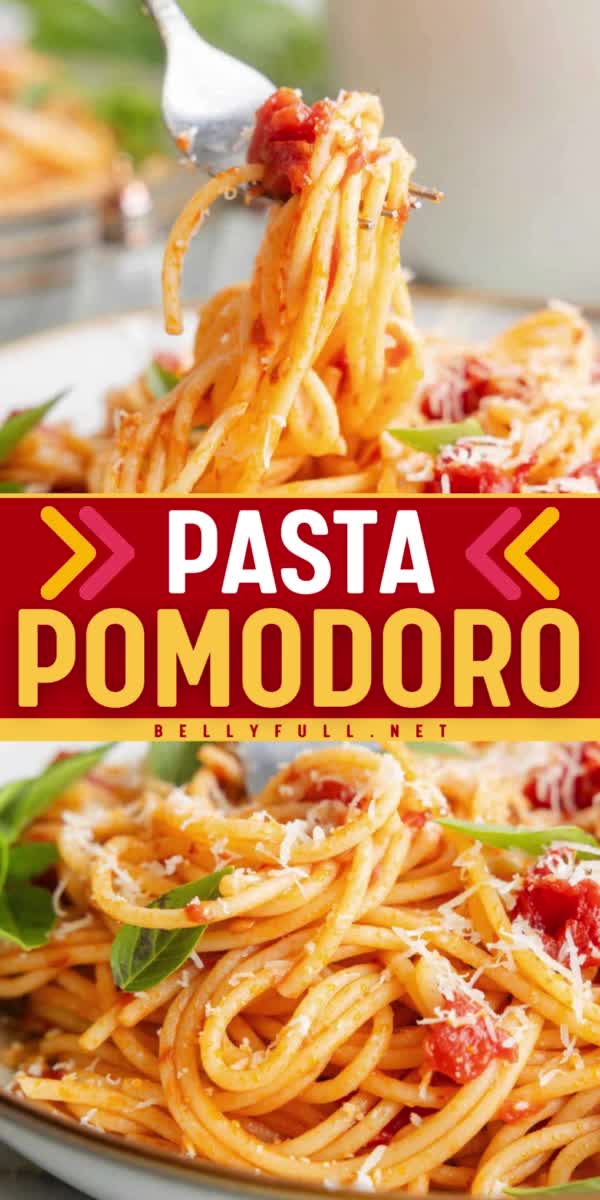 This contains: Enjoy a classic Italian meal with this Pasta Pomodoro recipe! Featuring al dente pasta and a flavorful tomato sauce infused with garlic, basil, and a hint of spice from red pepper flakes, it’s a great simple dinner idea that will give comfort in a bowl!