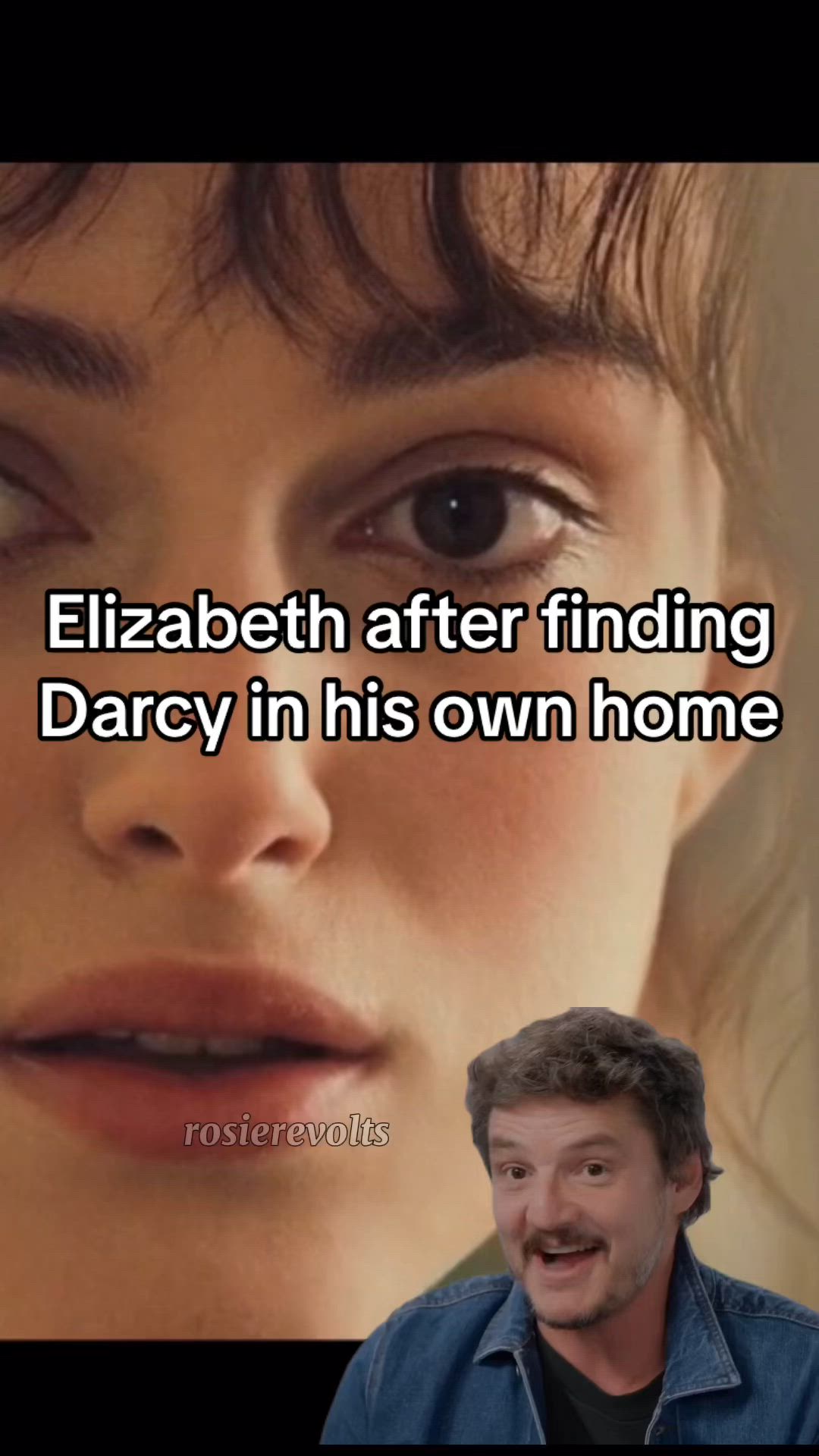 This may contain: a man standing in front of some stairs with the caption elizabeth after finding daisy in his own home