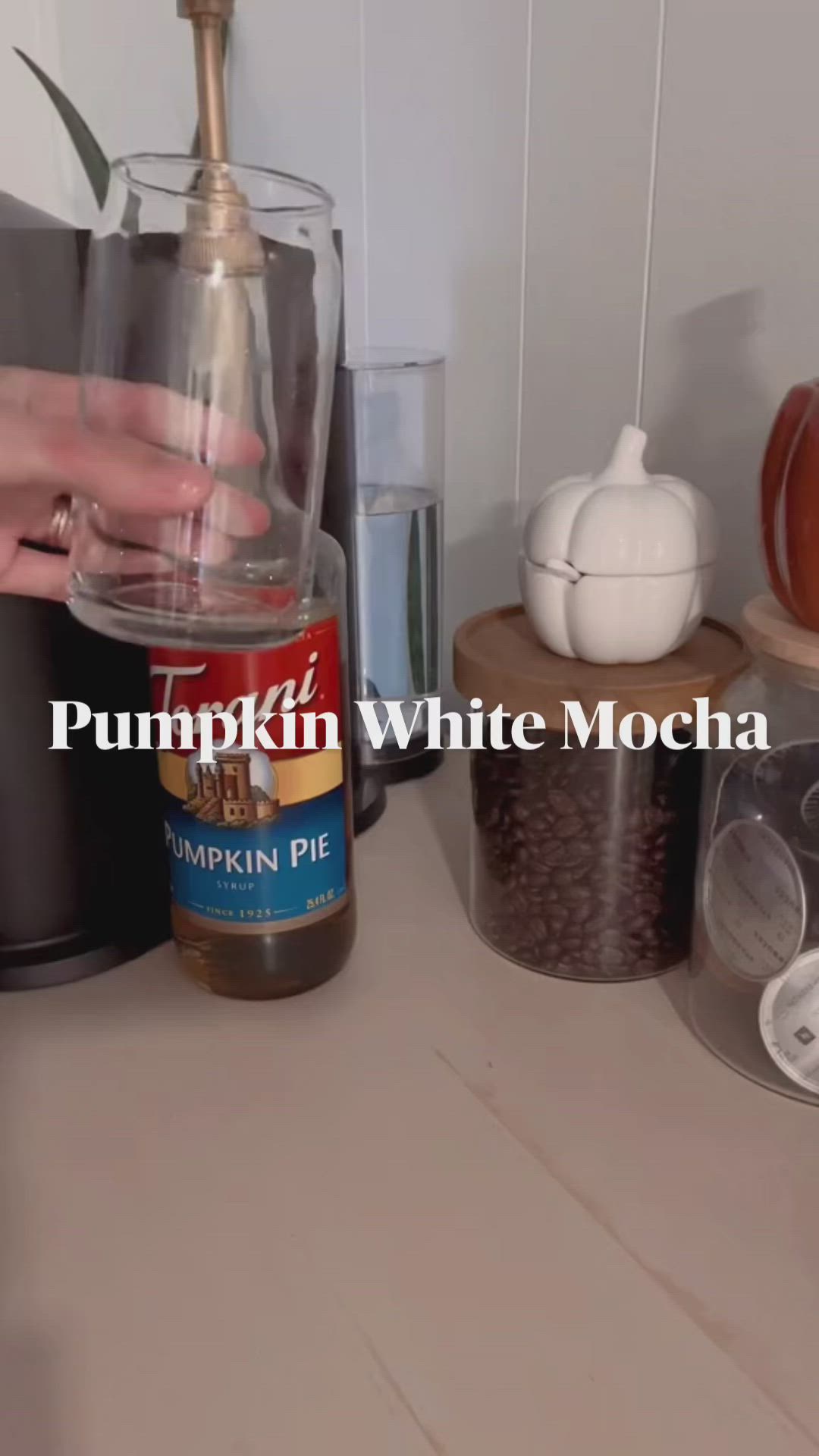 5min · 1 serving     Ingredients   • Torani pumpkin pie syrup   • Torani white mocha sauce   • 2 shots of espresso   • Milk   • Ice