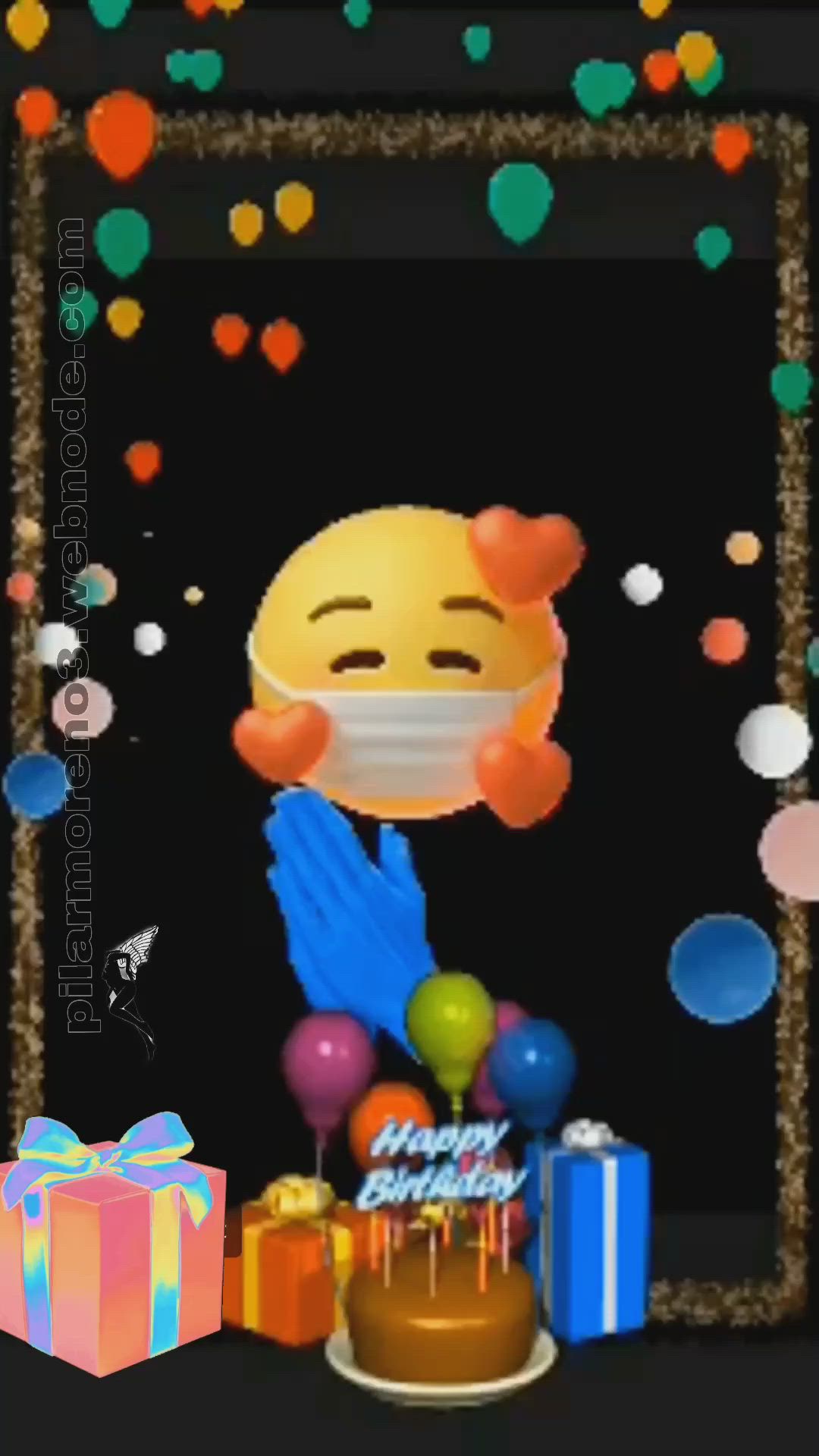 This may contain: an image of a happy birthday with balloons and gifts in front of a black background