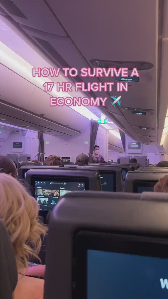 This may contain: an airplane with the words how to survive a 17 - hour flight in economy