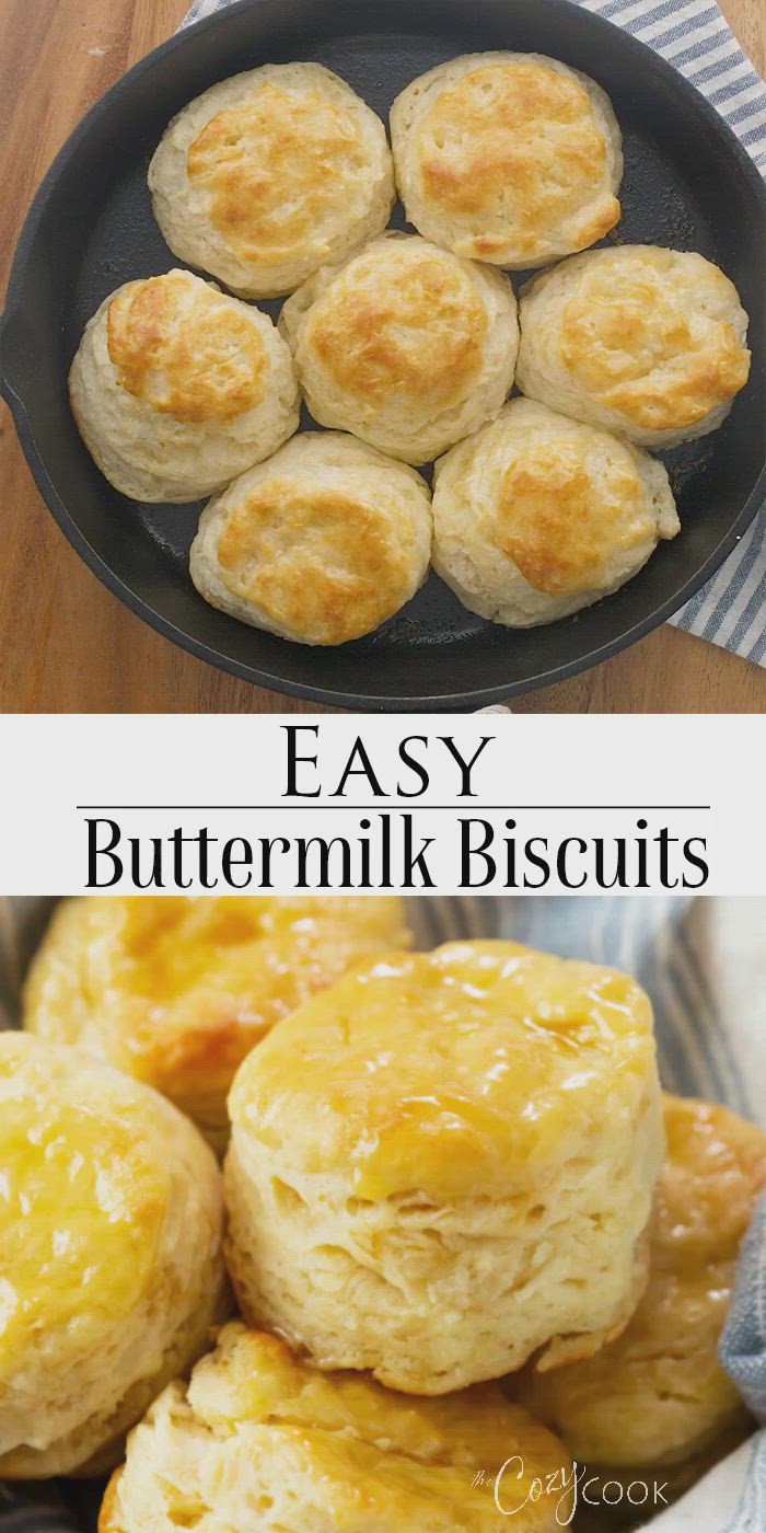 This may contain: buttermilk biscuits in a cast iron skillet with text overlay that reads easy buttermilk biscuits