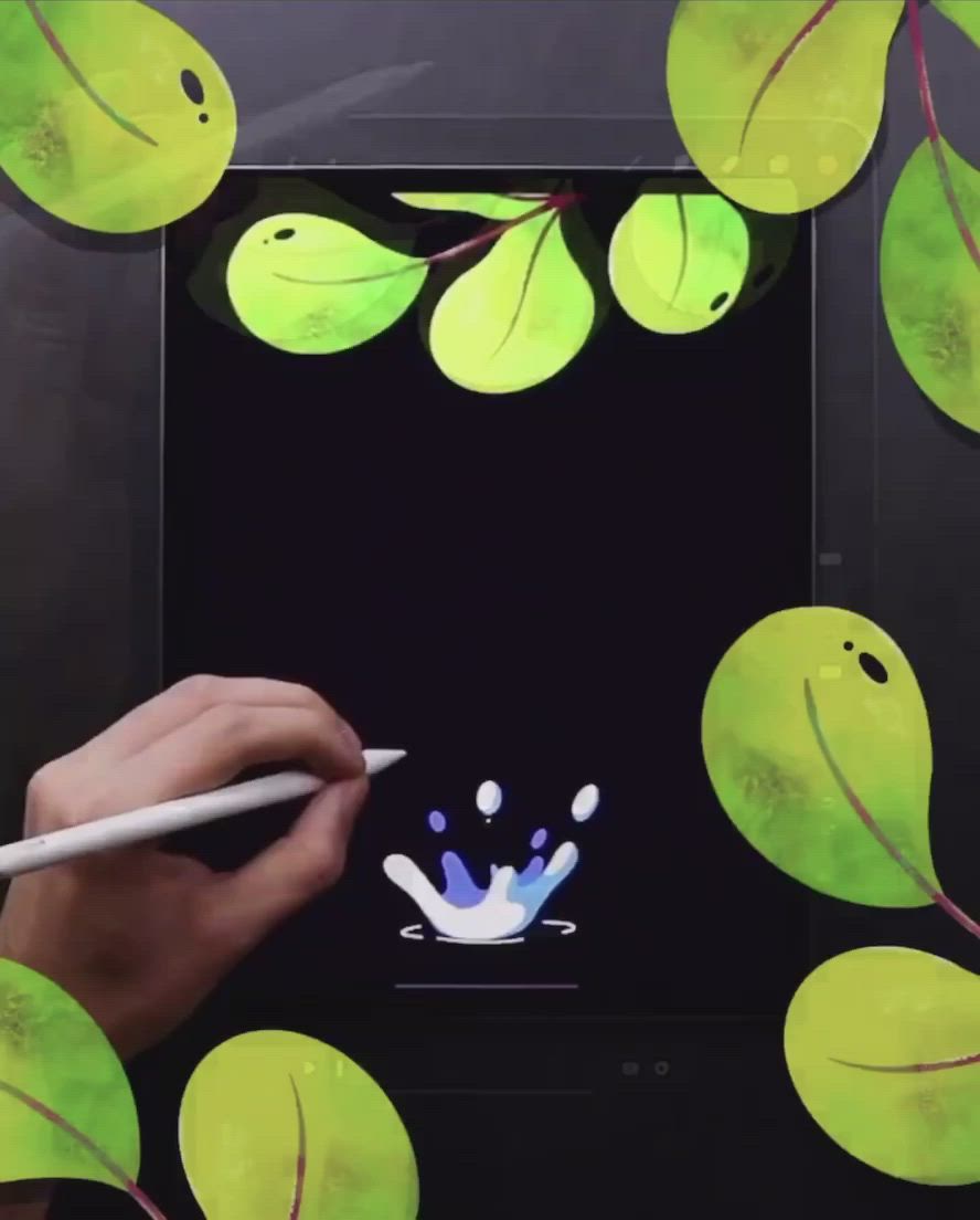 This may contain: a person is drawing on an ipad screen with green leaves and water drops around it