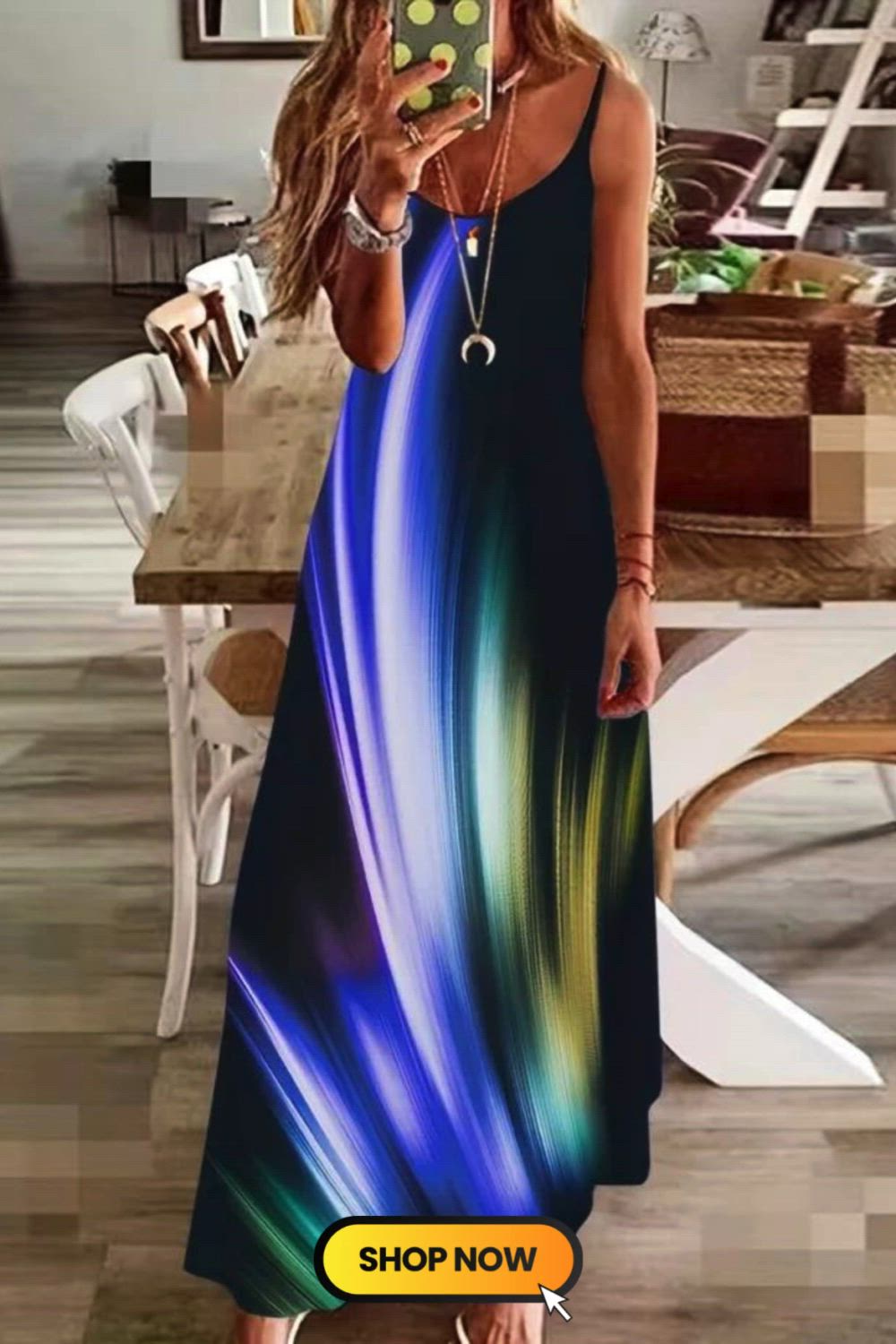 Colorful Pattern Cami Dress, Casual Maxi Dress