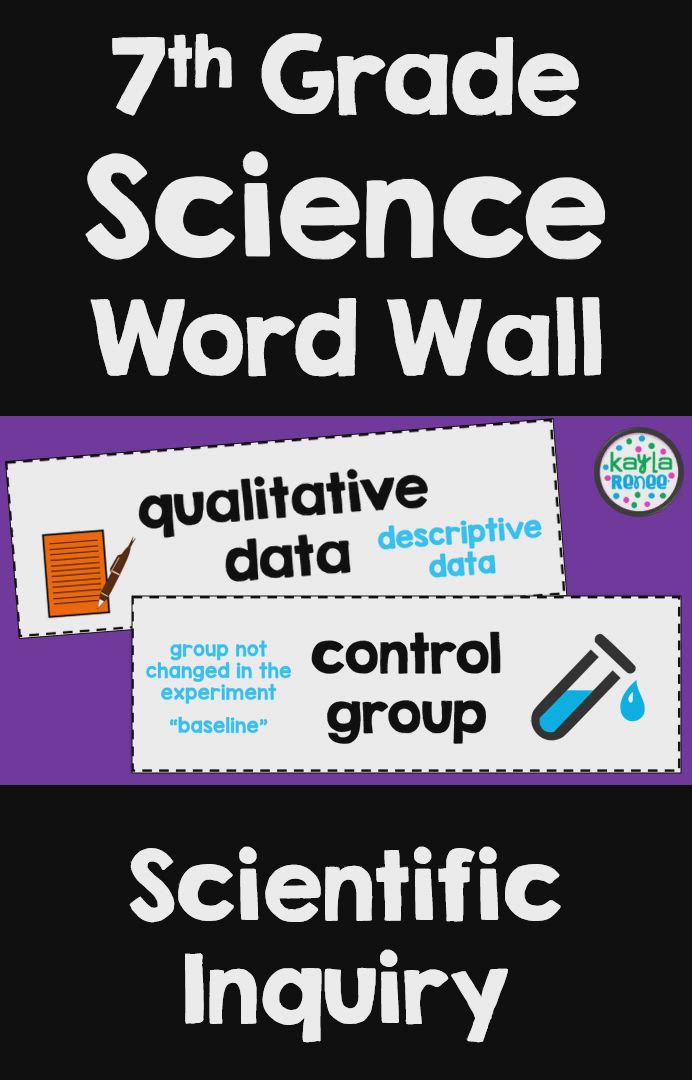 This may contain: the 7th grade science word wall is shown in purple and black with white writing on it