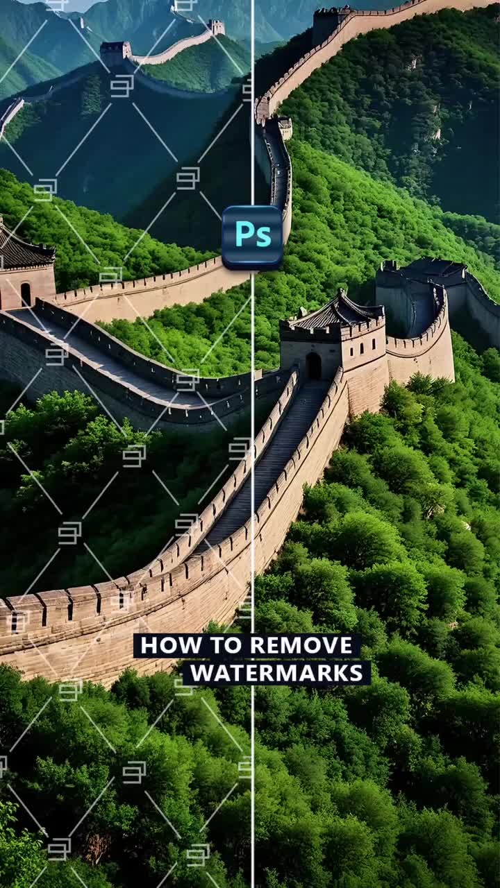 This may contain: an aerial view of the great wall of china with text overlaying how to remove watermarks