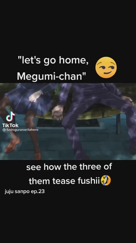 This may contain: an anime scene with text that reads let's go home, megumi - chan see how the three of them tease fish