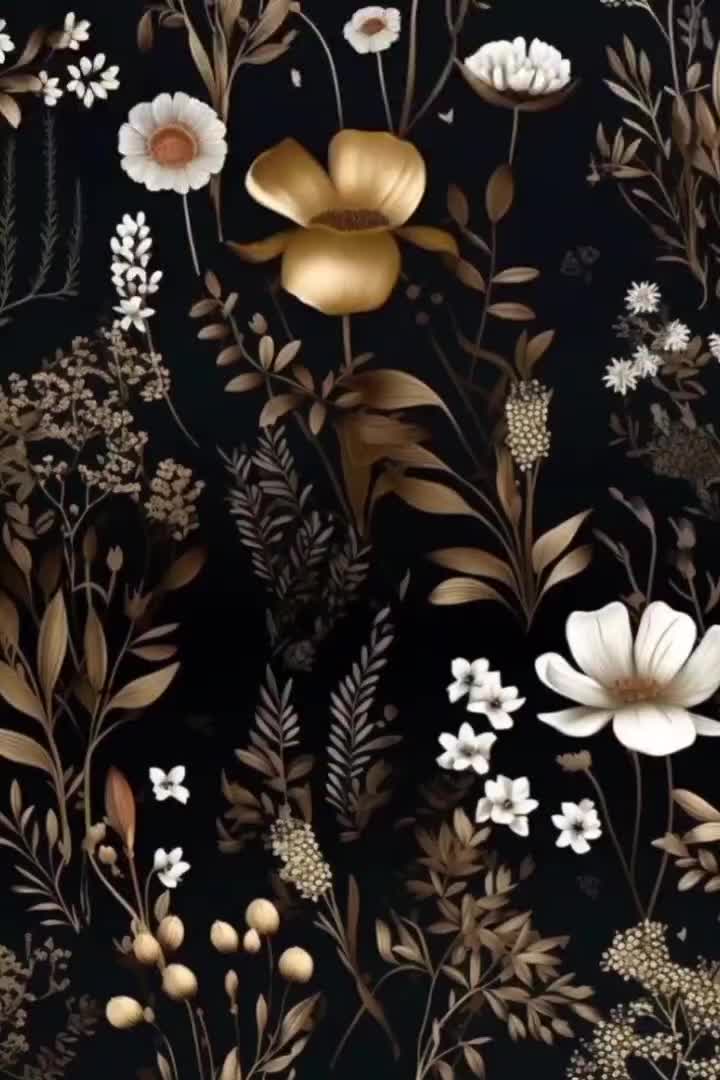 This may contain: a black and gold floral wallpaper with white flowers