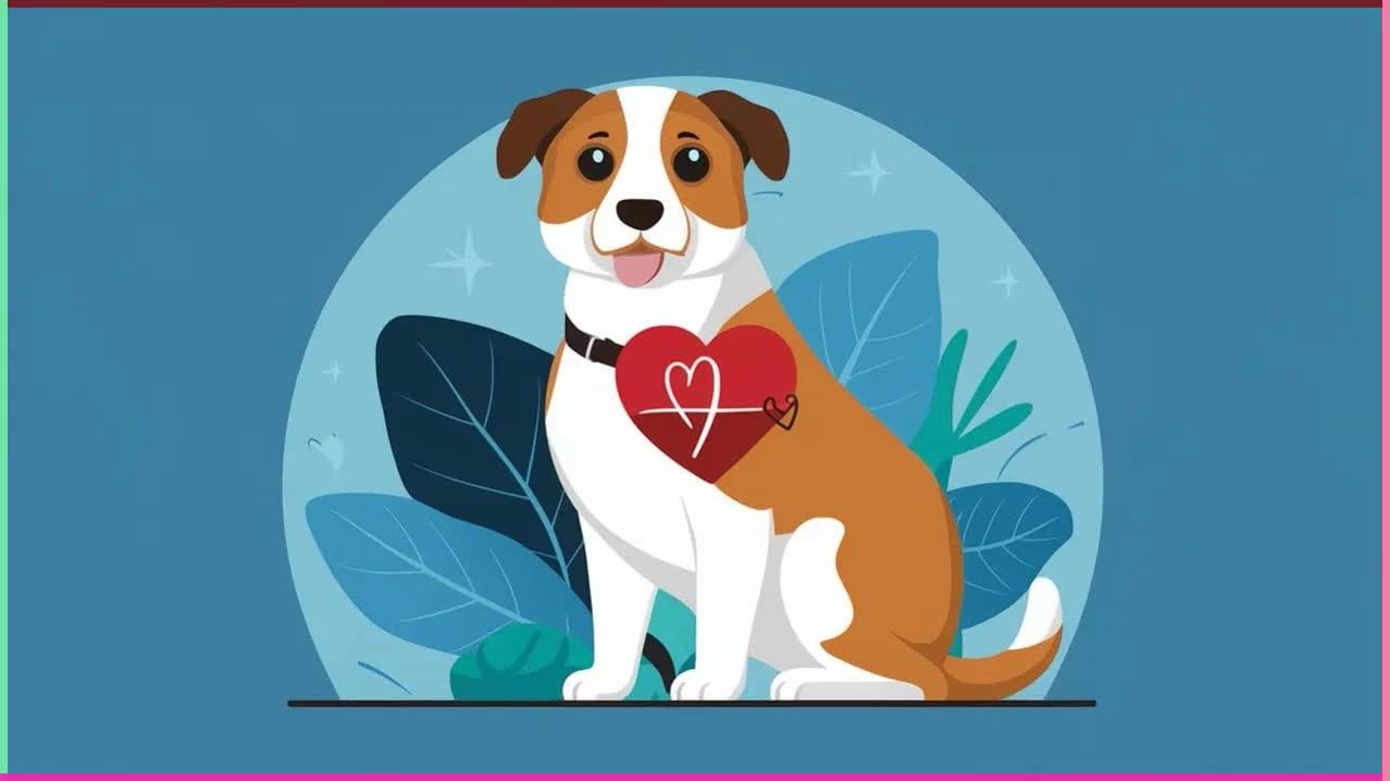 This may contain: a brown and white dog with a heart on its collar