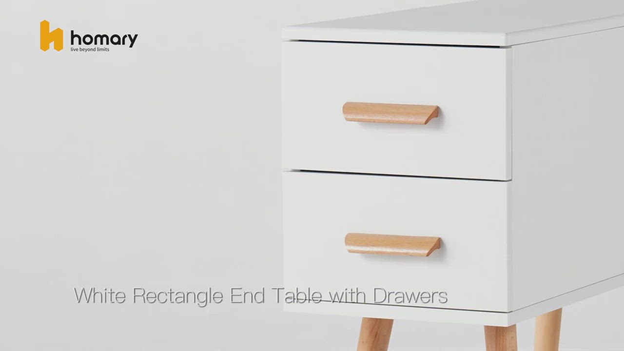 This may contain: a white bedside table with two drawers and wooden handles on each drawer, in front of a plain background