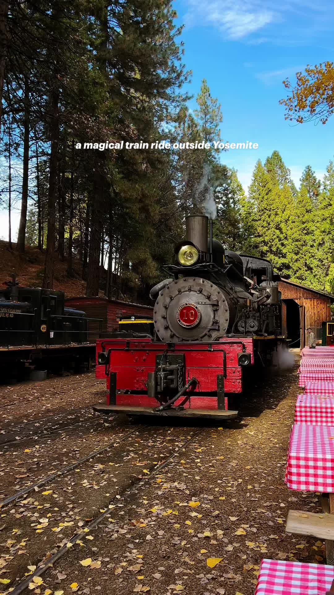 This may contain: an old fashioned train is parked next to picnic tables with checkered tablecloths on them