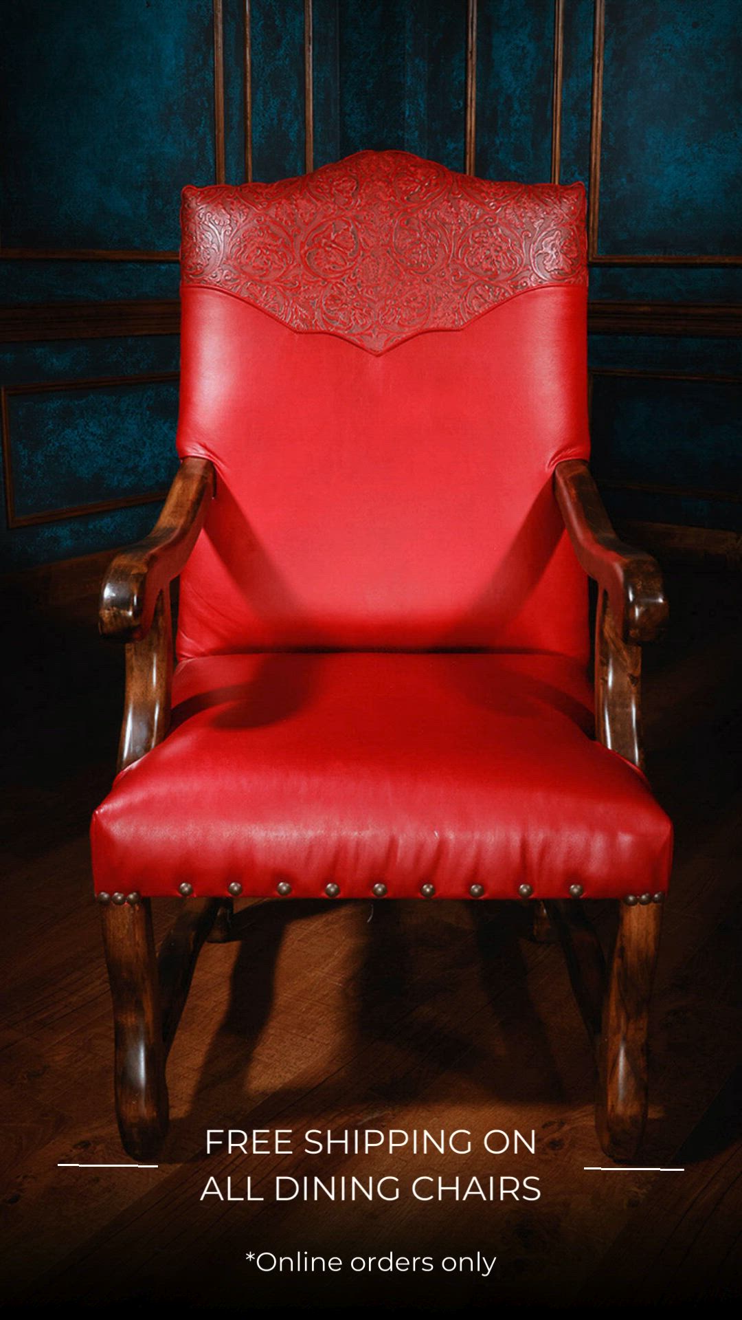 This may contain: a red leather chair with the words free shipping on all dining chairs