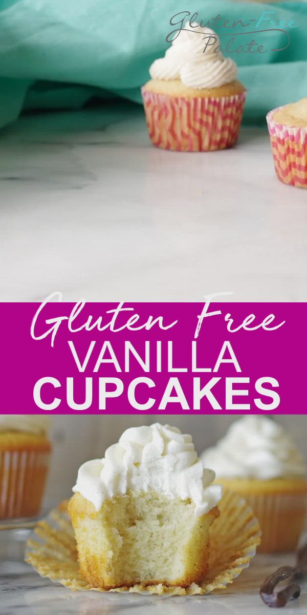 This may contain: gluten - free vanilla cupcakes with white frosting on top and bottom