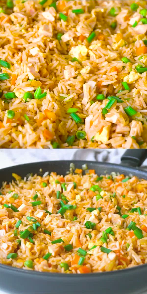 This may contain: two pictures showing how to make spicy chicken fried rice in a skillet with green onions and carrots