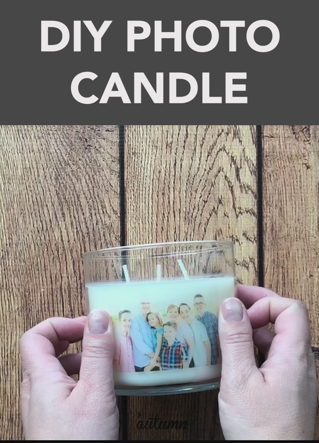 This may contain: a candle that has some pictures on it and the words diy photo candle in front of it