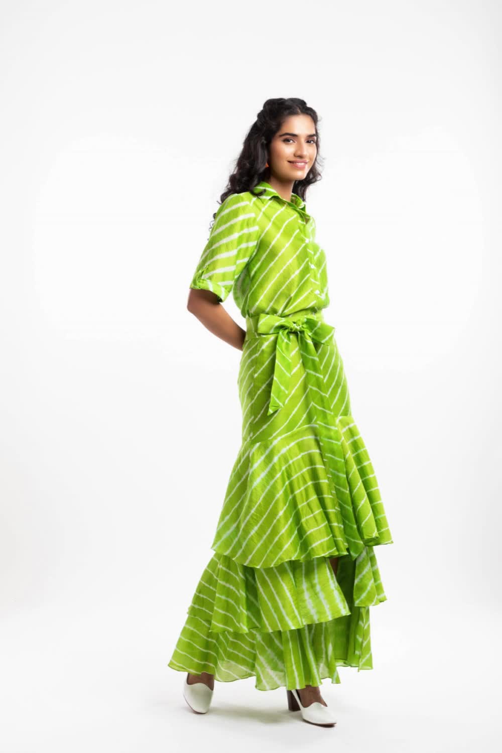 This contains: Green Tiered Ruffled Skirt | Casual Wear Skirt | Maxi Skirt