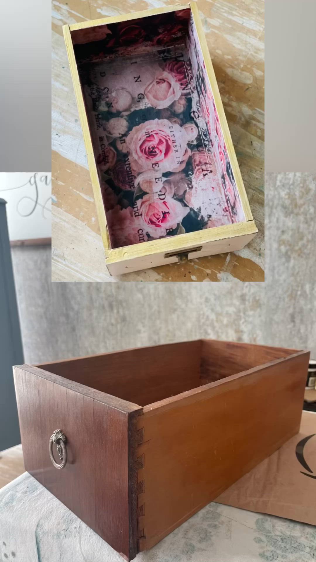 This may contain: how to decoupage vintage drawers with pictures and text overlay that reads, how to decoupage vintage drawers