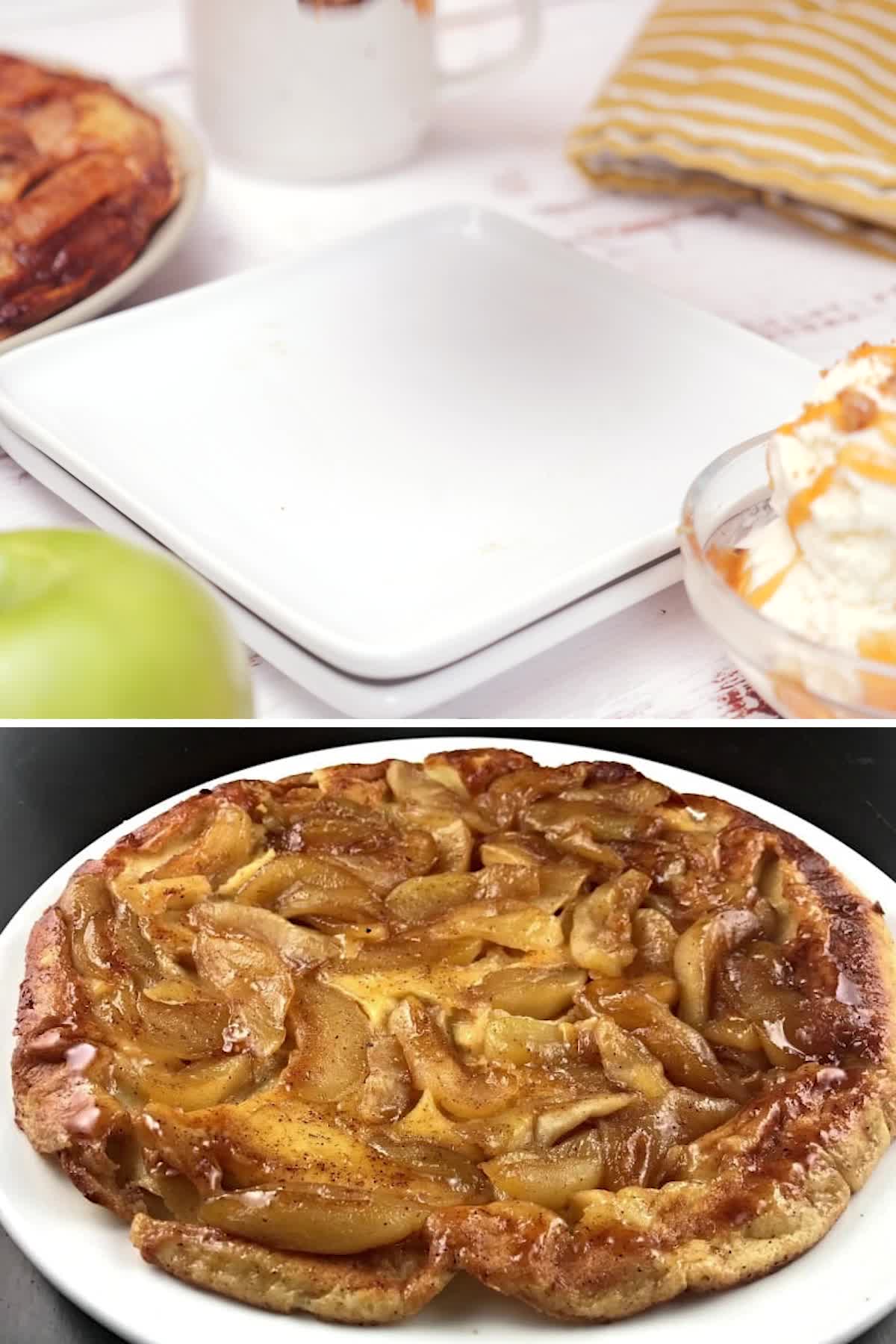 This contains: Witness the creation of the best oven apple pancakes or german apple pancakes.