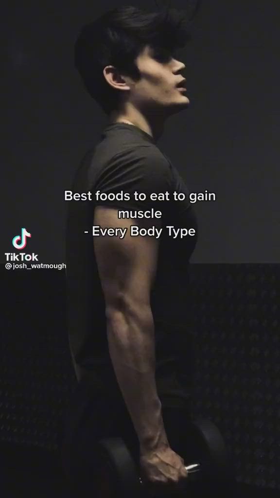 This may contain: a man standing in front of a black background with the words, best foods to eat to gain muscle every body type