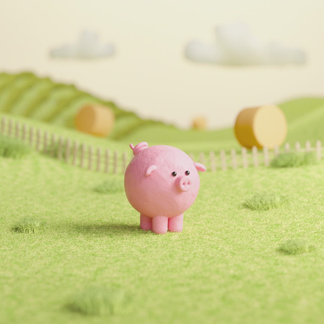 This may contain: a small pink pig standing on top of a lush green field