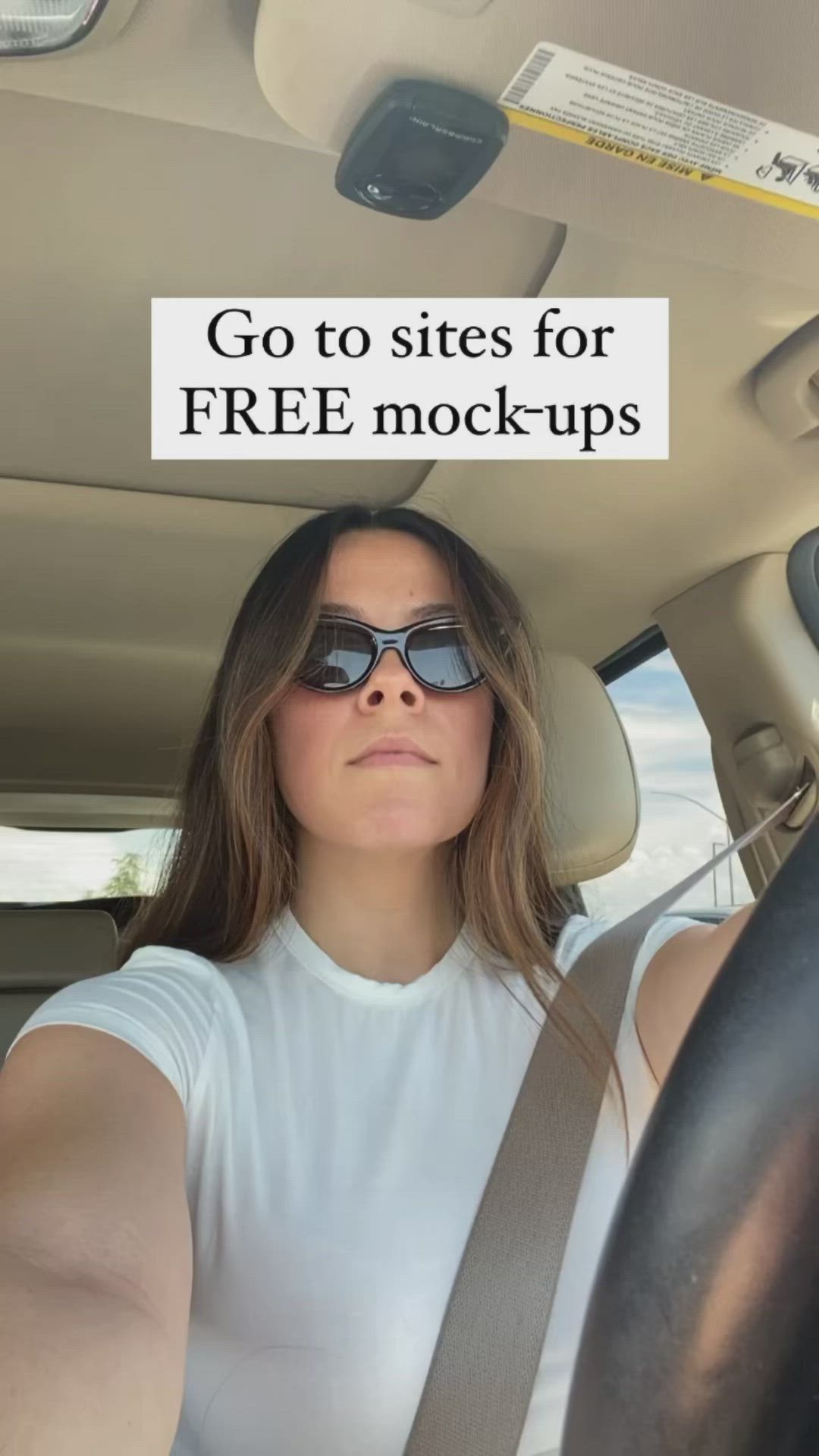 This may contain: a woman sitting in her car with the text go to sites for free mockups